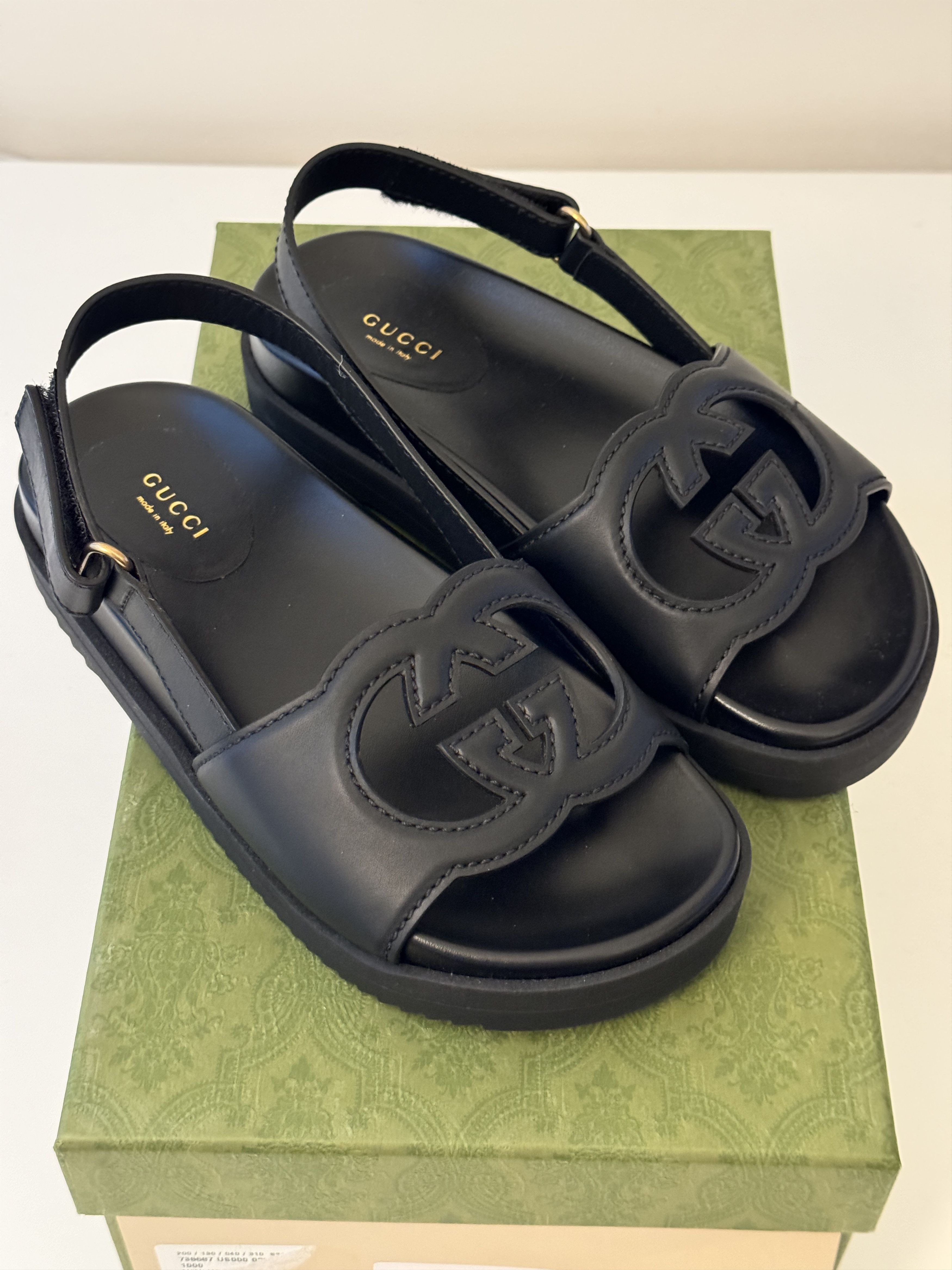 image of Size 38.5G - Gucci Interlocking G Sandals Leather Black Cut, Women's