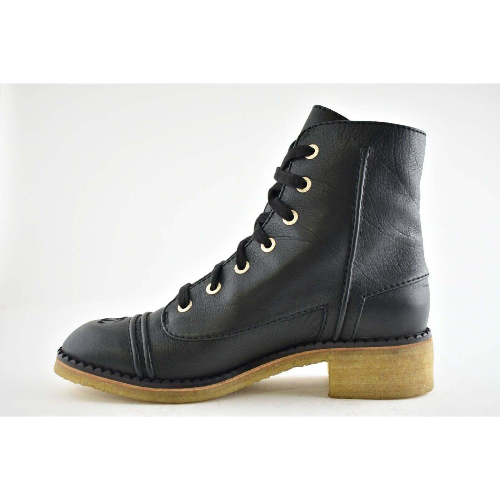Chanel Chanel 20P Black Calfskin Leather CC Combat Lace Up Biker Size US 7 / IT 37 - 8 Thumbnail