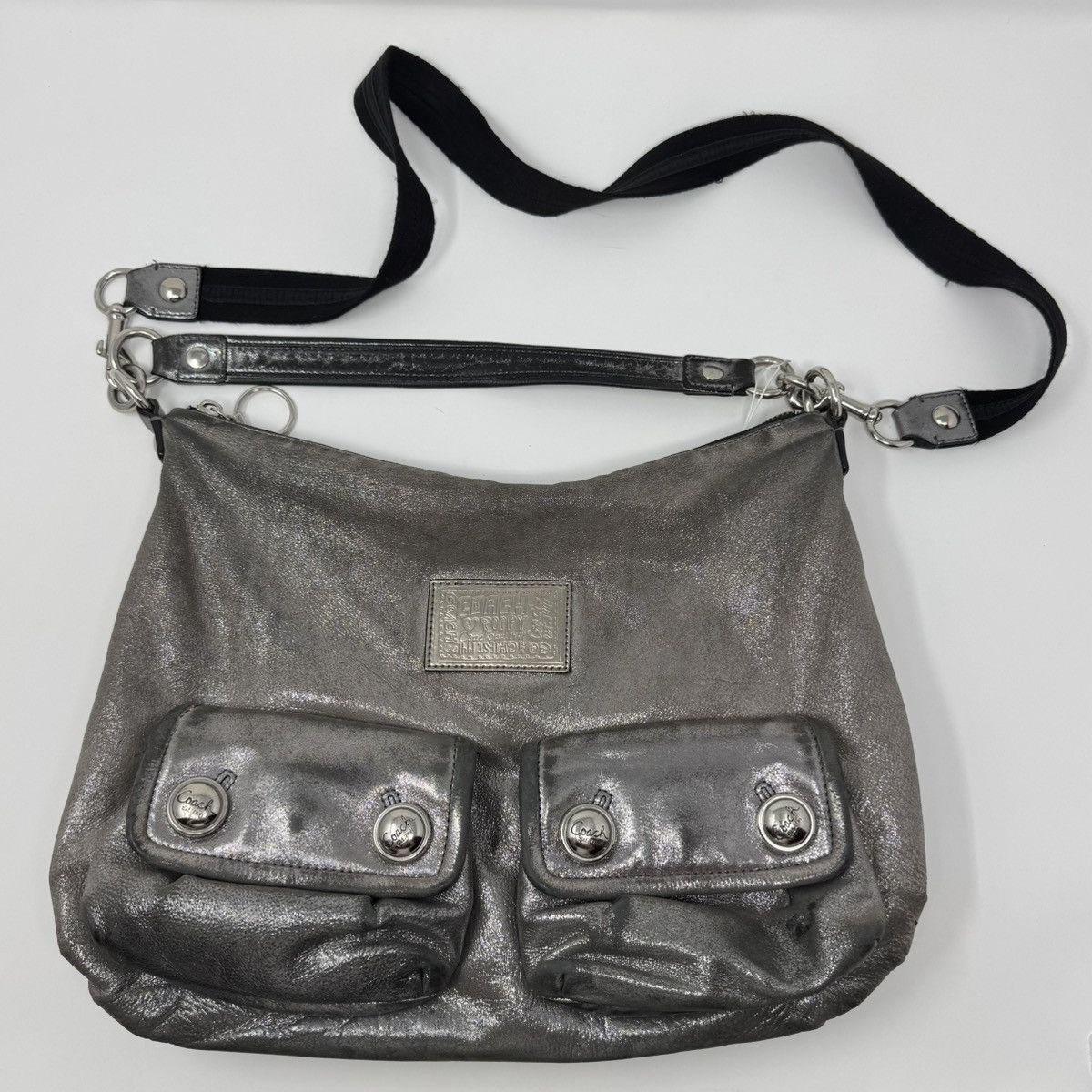 Coach COACH 14561 Poppy Metallic Silver Leather Shoulder Purse 