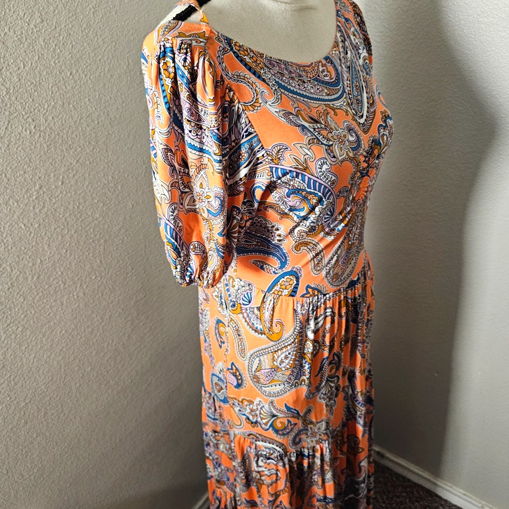 Boden Boden Maxi Dress Orange Paisley 6 R D0681 Cross Strap Back Short Sleeve Cap Sleeve Floral 100% Cotton Womens Size 28" / US 6 / IT 42 - 6 Thumbnail