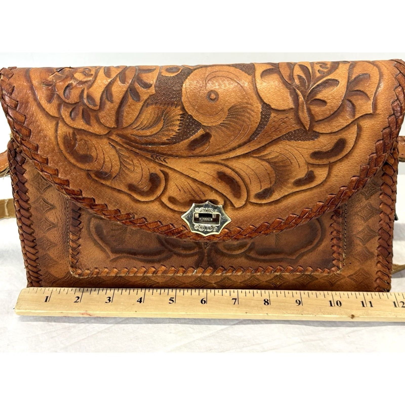 Vintage VINTAGE Leather Shoulder Bag Purse Brown Floral Western Boho Small Women Read Size ONE SIZE - 7 Thumbnail