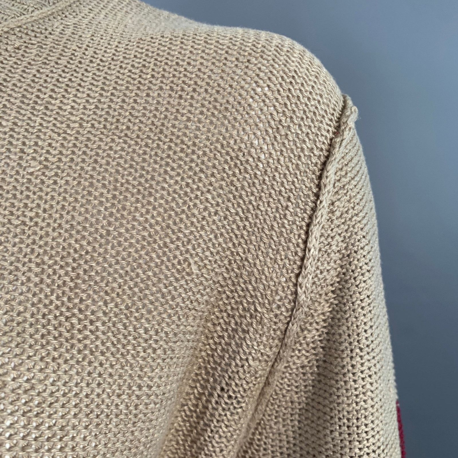 Opening Ceremony RODARTE Beige Red Knit Linen V-Neck Sweater Size US L / EU 52-54 / 3 - 6 Thumbnail