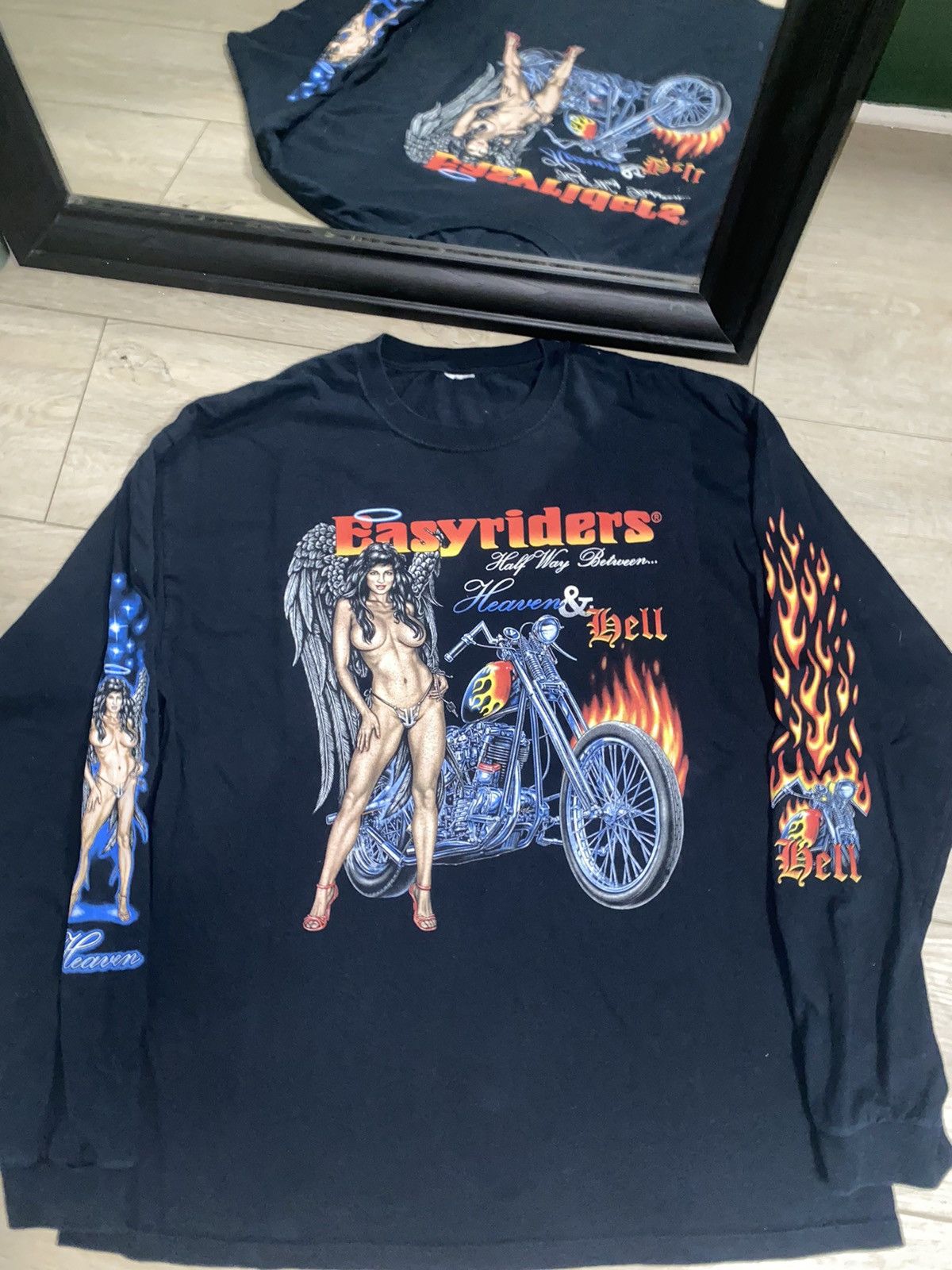 image of Harley Davidson x Vintage / Y2K Easy Riders Heaven & Hell Pin Up Long in Black, Men's (Size 2XL)