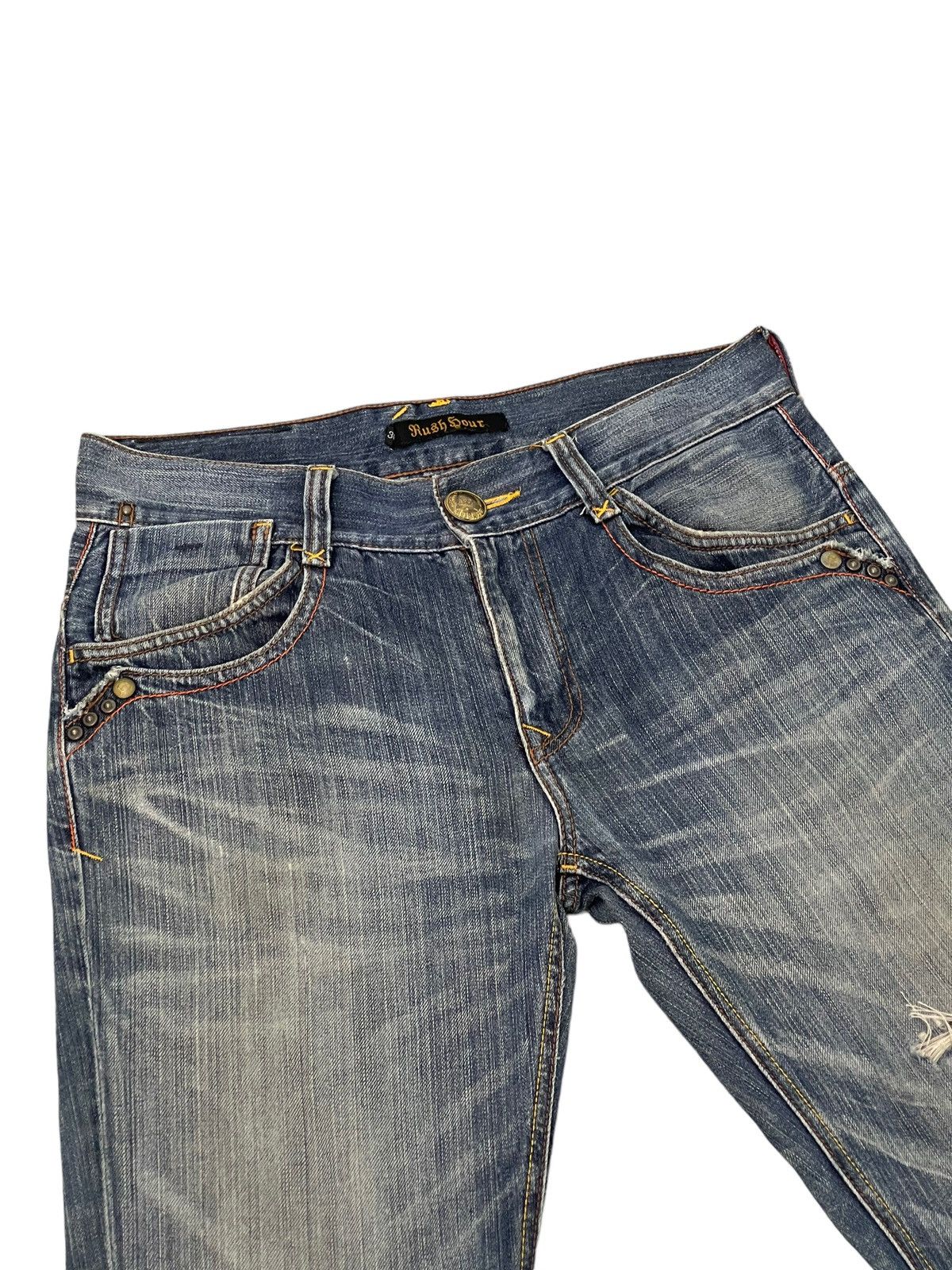 Japanese Brand Flare Jeans Rush Hour Faded Distress Boot Cut 8🟦4 Size US 33 - 8 Thumbnail