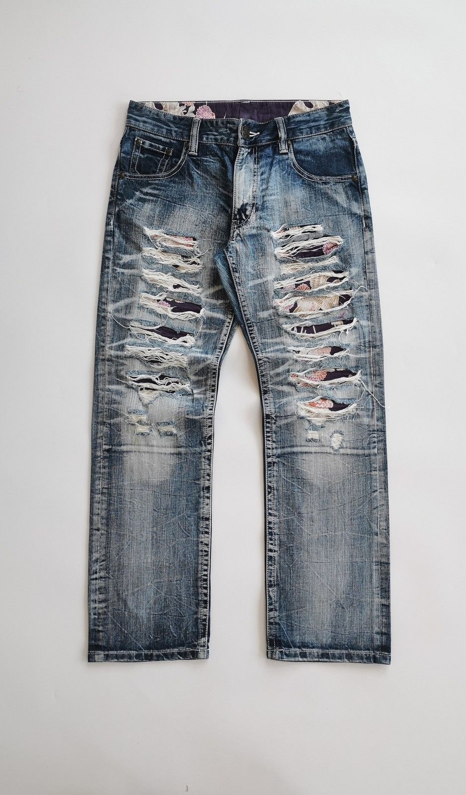 Karakuri Tamashii Pattern Fabric Patches Distressed Denim Jeans Size US 30 / EU 46 - 2 Thumbnail