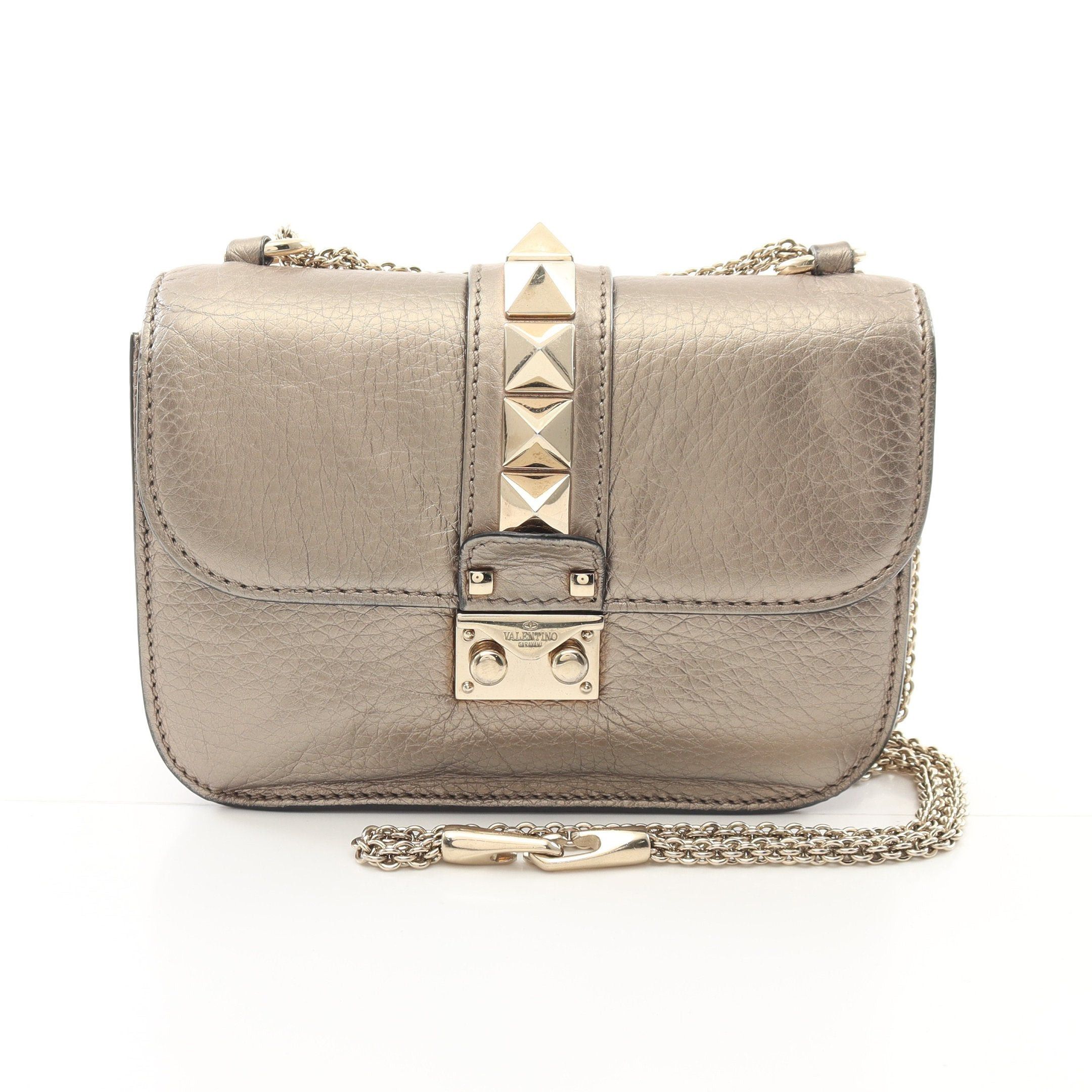 Valentino Valentino Rockstud Double Chain Shoulder Bag Leather Gray Beige Metallic Size ONE SIZE - 1 Thumbnail