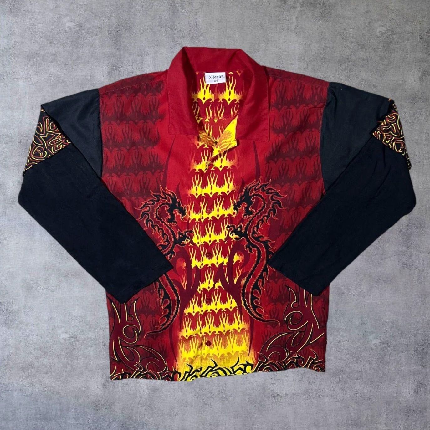 Vintage X-Mail Goth Y2K Flaming Dragon Layered Long Sleeve Shirt 176 Small Red/Black Mens Button-Up XS S Regular Sleeve Long Shirt Size US S / EU 44-46 / 1 - 2 Thumbnail