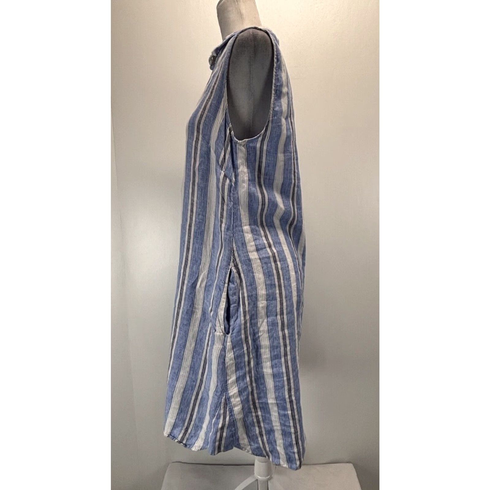 Vintage Blue Linen Striped Shirt Dress Small Sleeveless Pockets Preppy Womens Size S / US 4 / IT 40 - 2 Thumbnail