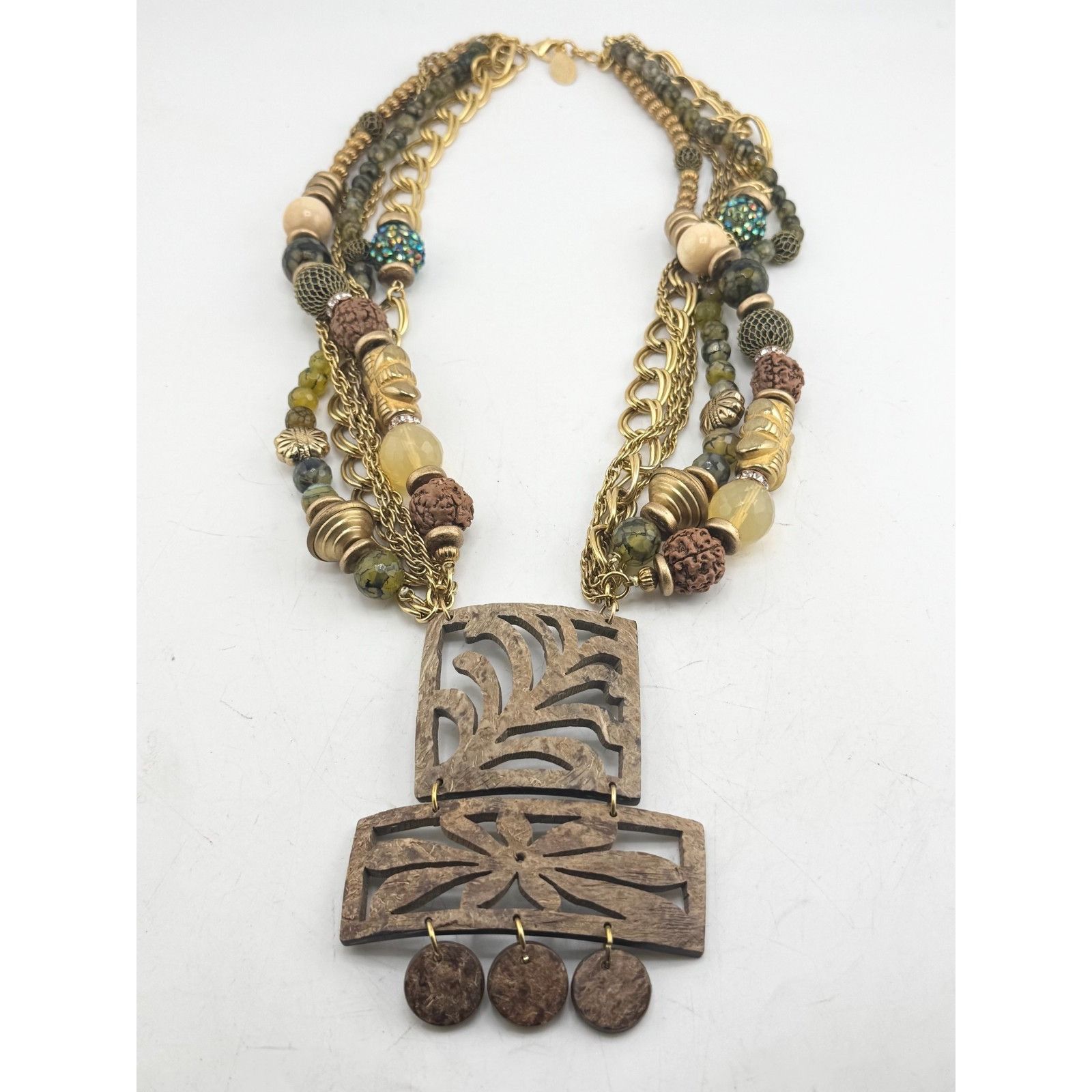 Vintage Vintage multi strand green glass beaded bamboo wood pendant Size ONE SIZE - 3 Thumbnail