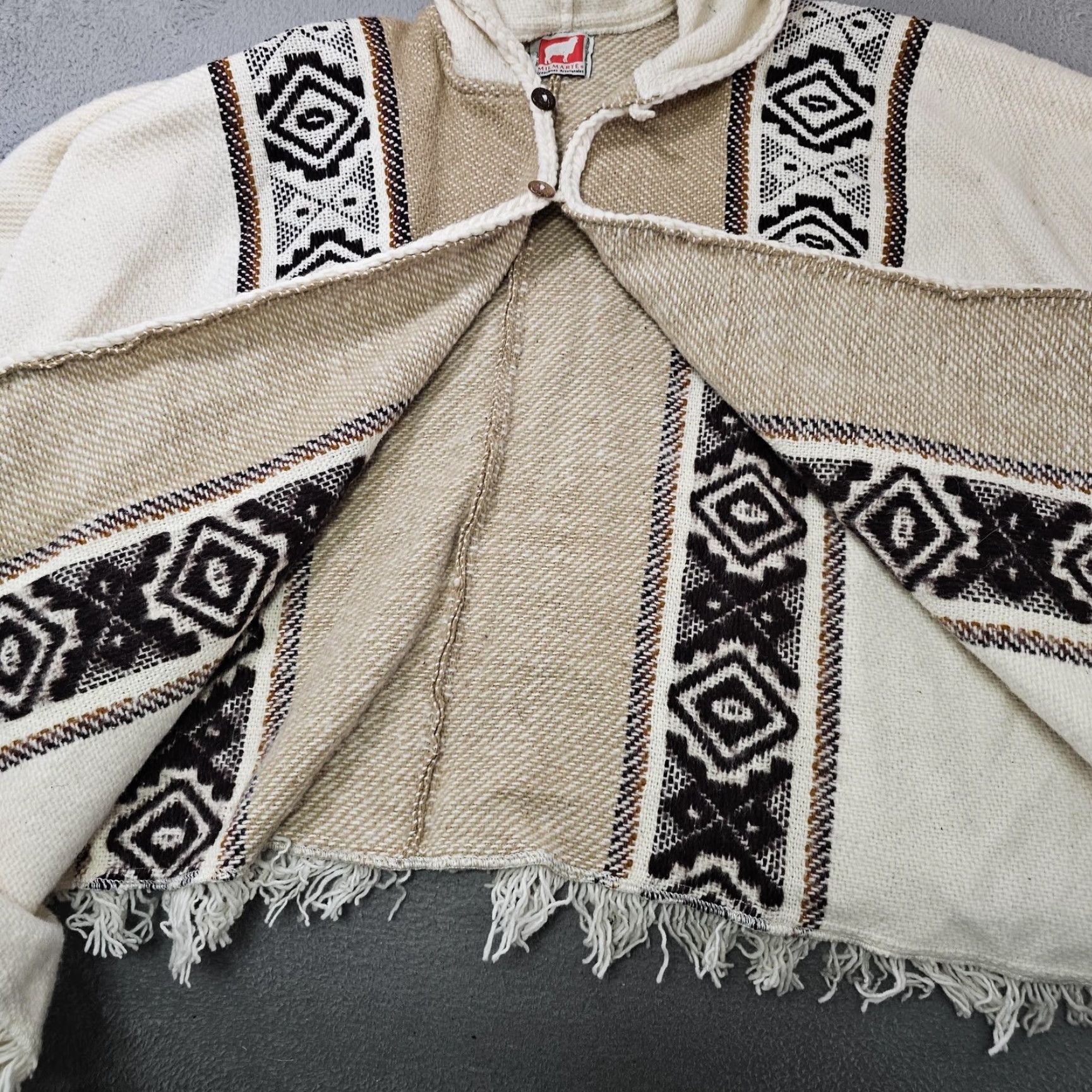 Vintage Milmarte Poncho Womens One Size White Hooded Wool Fringe Southwestern Tribal Geometric Thermal Casual Fall Winter Size ONE SIZE - 4 Thumbnail