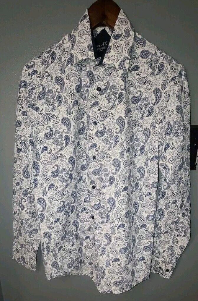 Designer Azure Milano Men White Shirt With Paisley Print Cotton Small Size 36R - 1 Thumbnail