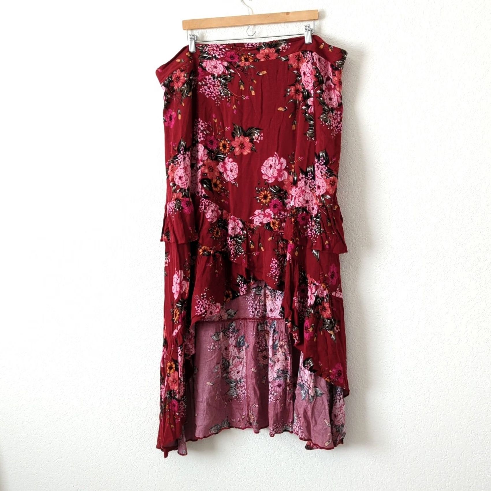 Torrid Torrid Skirt Womens 3X High Low Floral Red Pink Midi Ruffle Spring Summer 3XL Plus Size 40" / US 18 - 5 Thumbnail