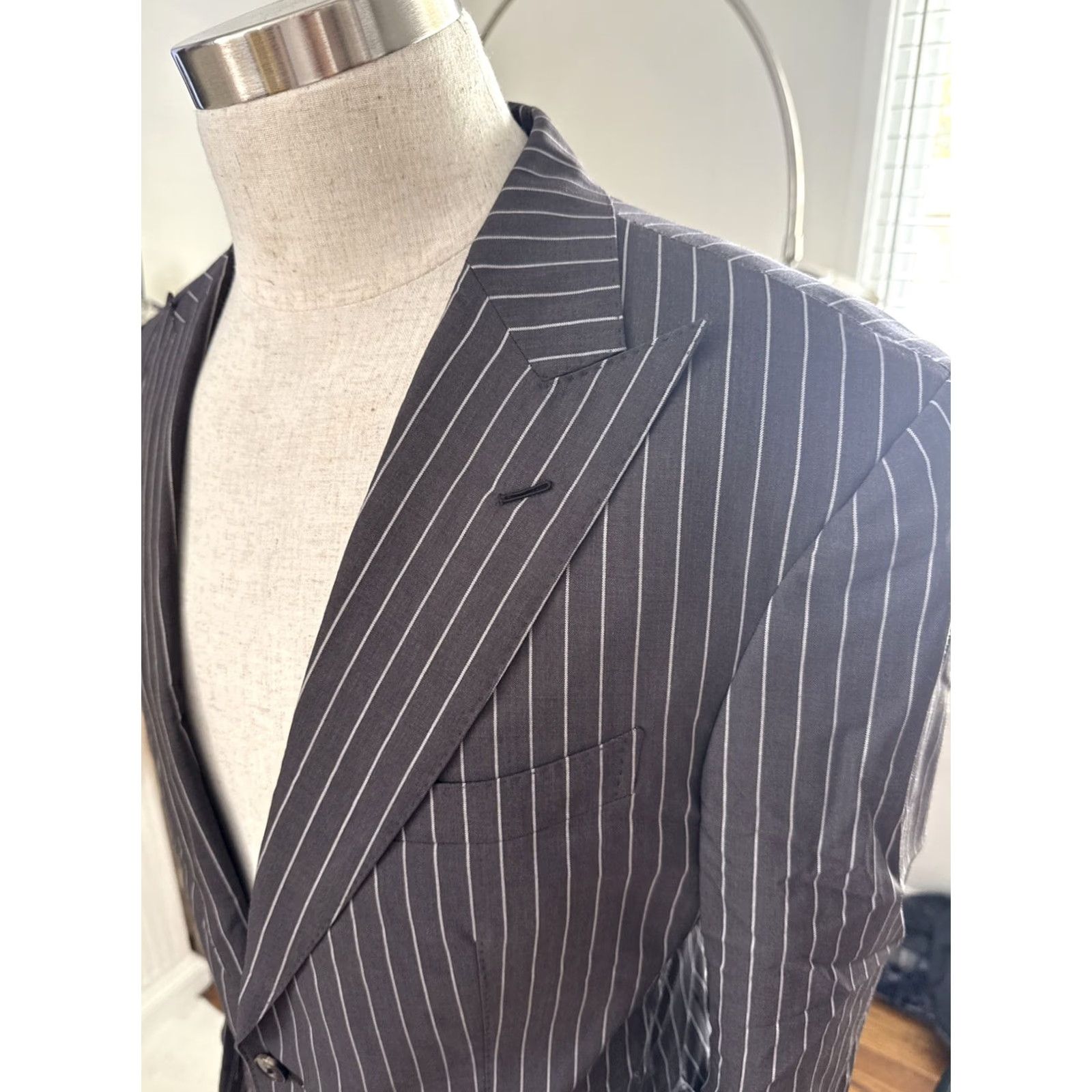 Vintage MUSIKA FRERE Grey Wool Mens Blazer Tuxedo Jacket 40 Regular Striped Short Single-Breasted Two-Button Size 40R - 3 Thumbnail