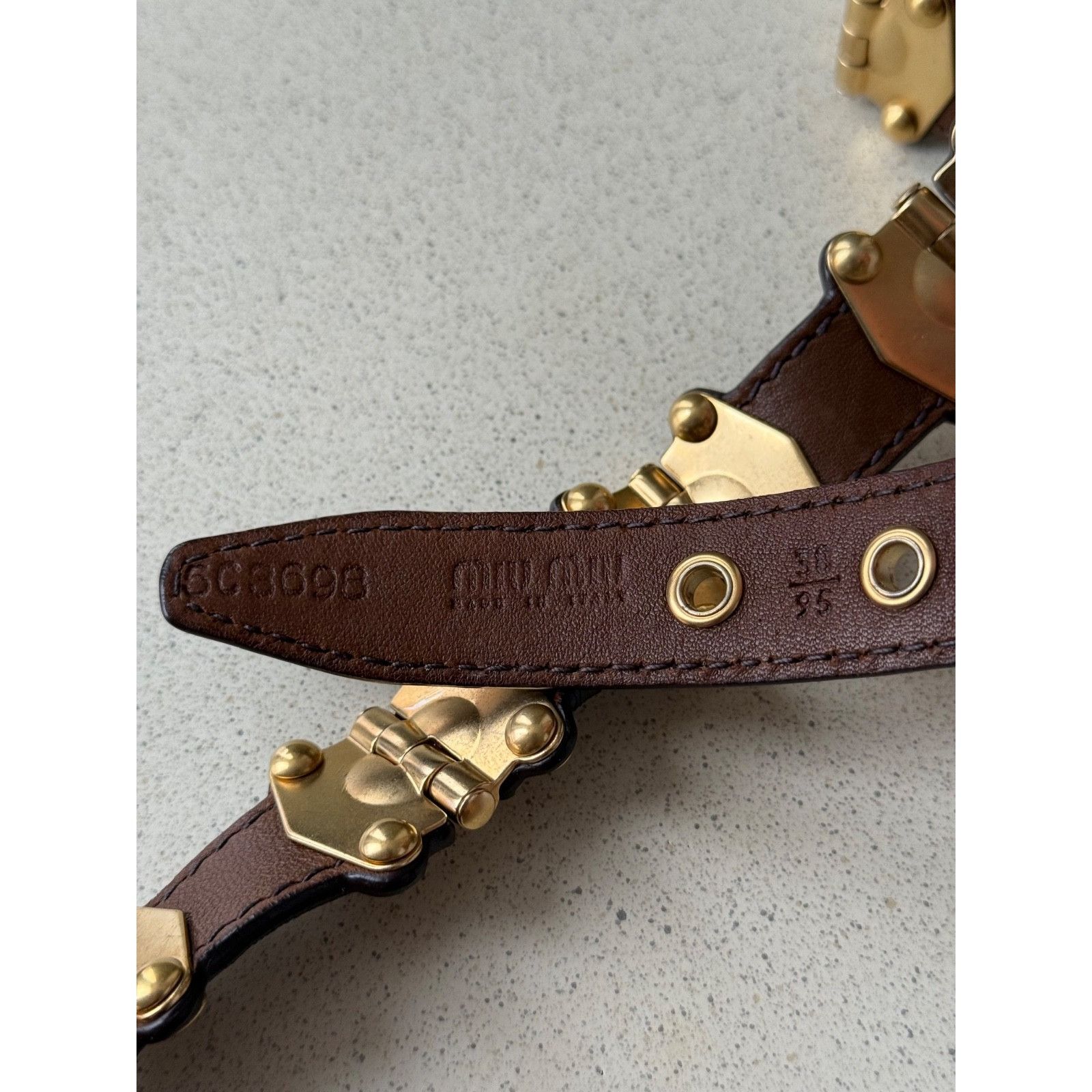 Miu Miu Miu Miu Leather Studded Grommet Buckle Brown Gold Belt 90/36 Size ONE SIZE - 5 Thumbnail