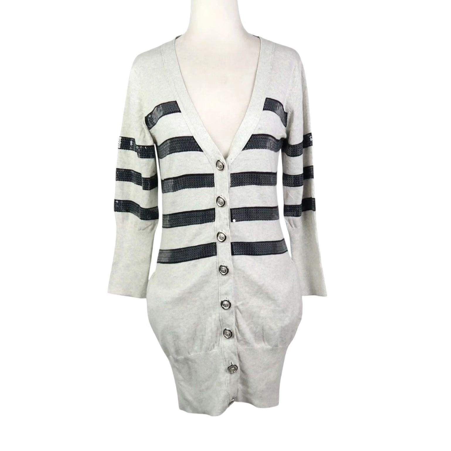 Vintage VINTAGE Charlotte Russe Cardigan Sweater Sequin Stripe Grey Black Sequin Knit 100% Cotton S Womens Mens? Size S / US 4 / IT 40 - 2 Thumbnail