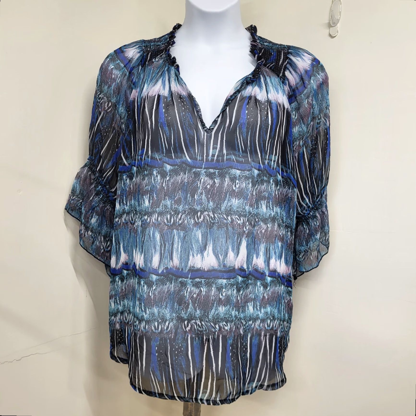 Mango Urban Mango Shirt Women's 2X Blue Multicolor Boho Abstract Sheer Blouse Size XXL / US 16-18 / IT 52-54 - 2 Thumbnail