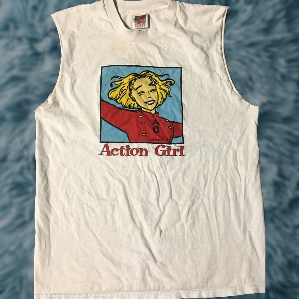 Fruit Of The Loom VINTAGE 90s Action Girl faded distressed shirt M White USA Shirt Mens Sleeveless Distressed Grunge Punk Anime Cartoon Art Fashion Size US M / EU 48-50 / 2 - 1 Thumbnail