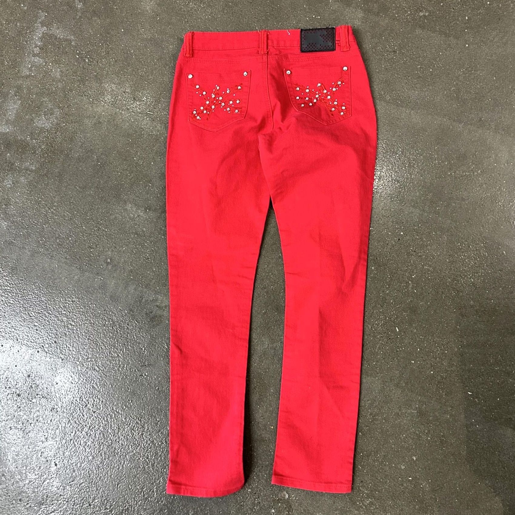 Denime Y2K Klip Jeans Womens 9 Red Mid Rise Skinny Stretch Denim Rhinestone Embroidered Embellished Size 30" / US 8 / IT 44 - 3 Thumbnail