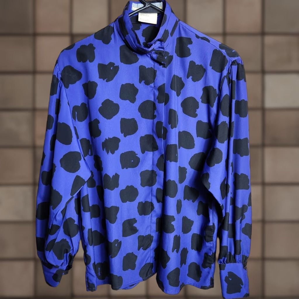 Vintage VINTAGE Galeries Lafayette Collection Blouse Womens Purple/Black Abstract Buttonfront Puff Sleeve M EU 40 1980s Glam Rock Size M / US 6-8 / IT 42-44 - 1 Thumbnail
