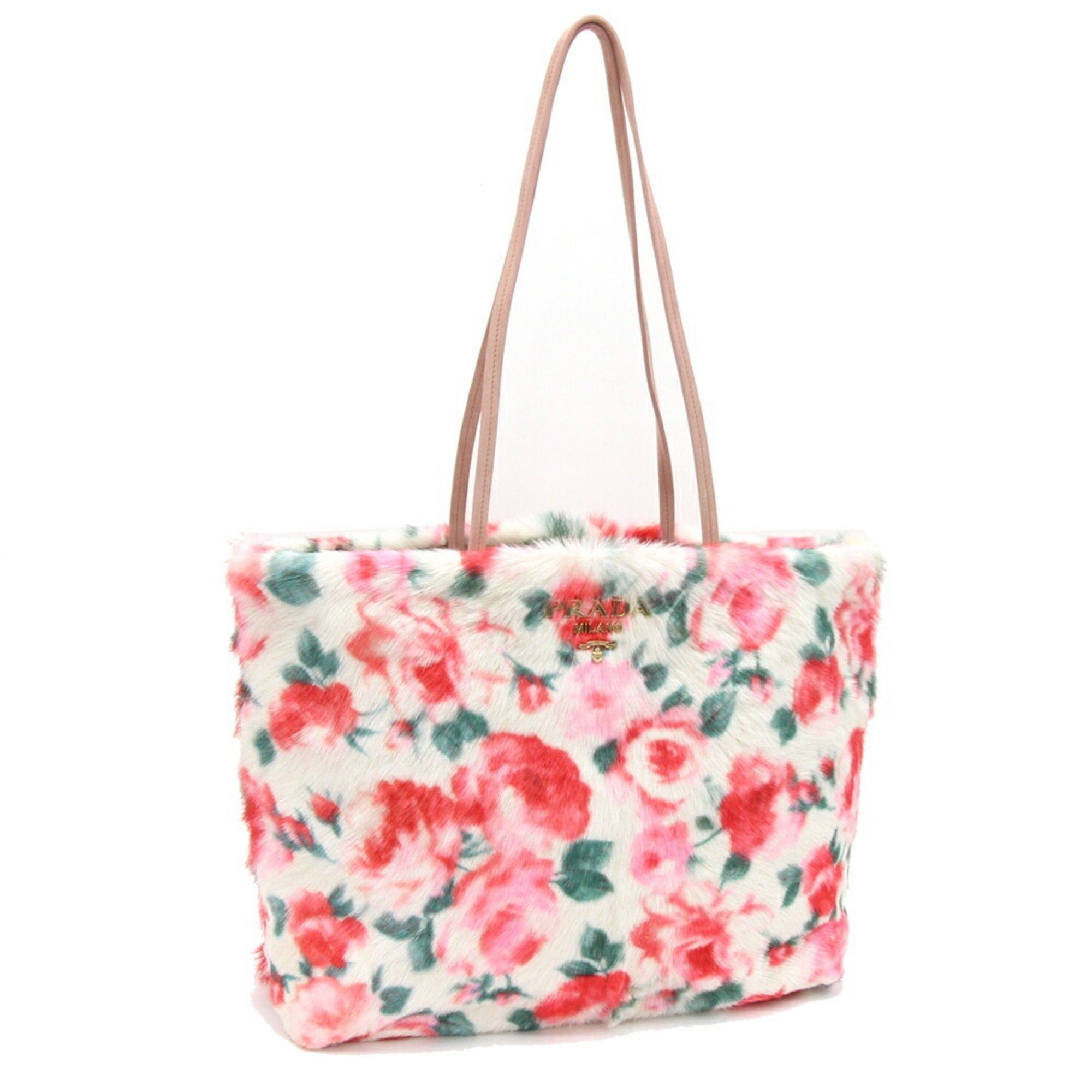 image of Prada Tote Bag 1Bg140 Ivory Red Pink Fur Suede Flower Ladies in White, Women's