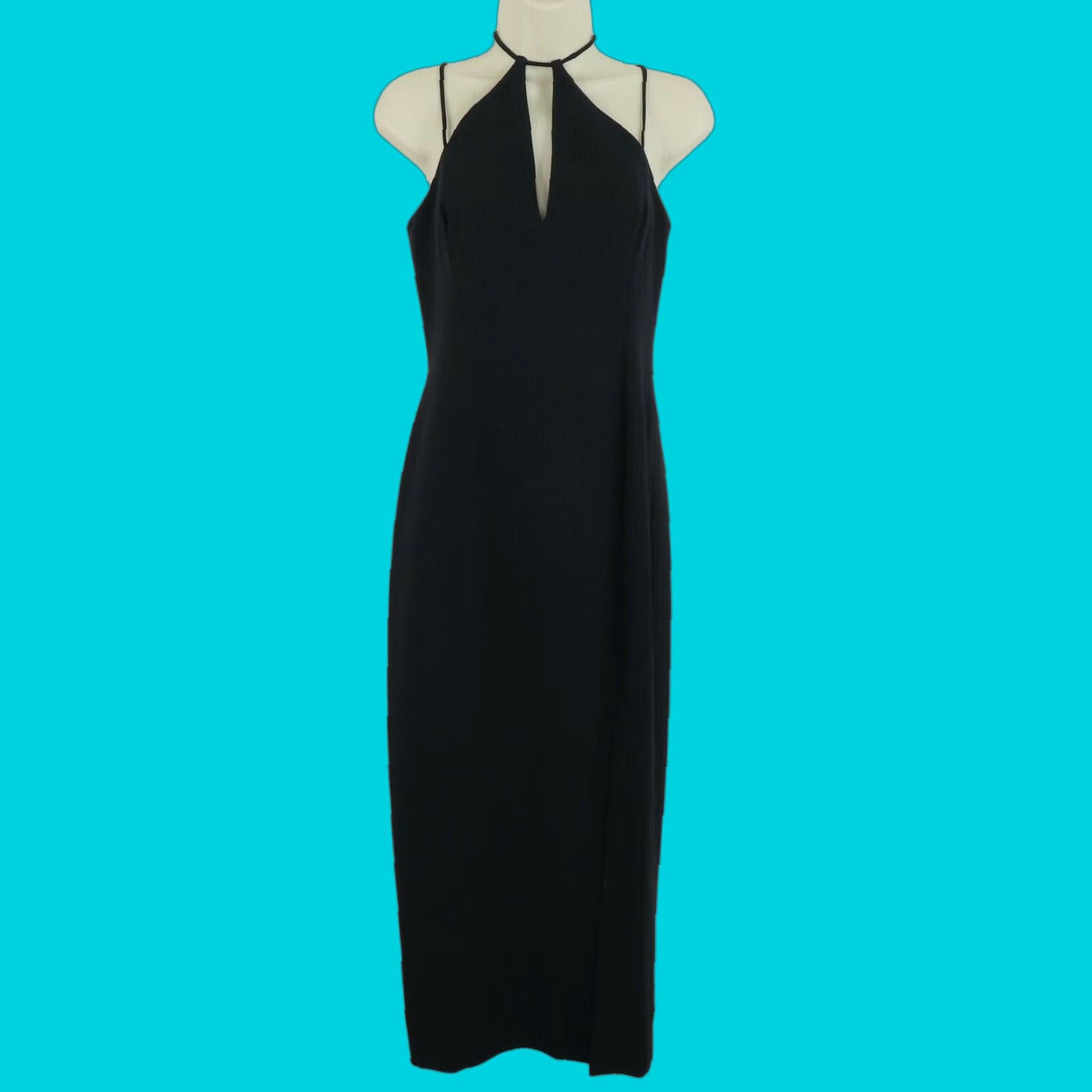 Vintage Tahari Womens 6 Dark Blue Sleeveless Keyhole Neck Side Slit Long Sheath Gown Dress Size M / US 6-8 / IT 42-44 - 1 Thumbnail