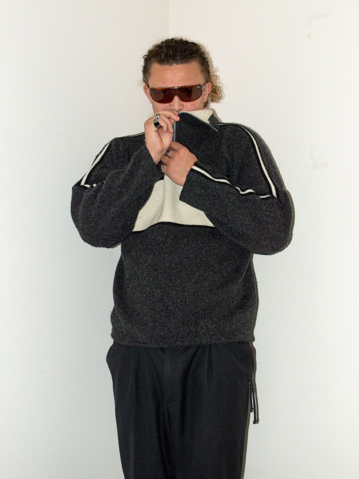 Designer × Vintage Vintage Cream/Grey faded chunky Knit 1/4 zip neck Fleece Size US M / EU 48-50 / 2 - 2 Thumbnail