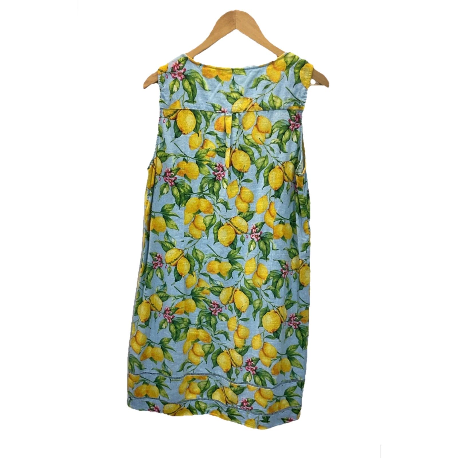FOR CYNTHIA Lemon Print Lace Linen Blend Sleeveless Dress L Resort Casual Linen  Blend Dress Lemon