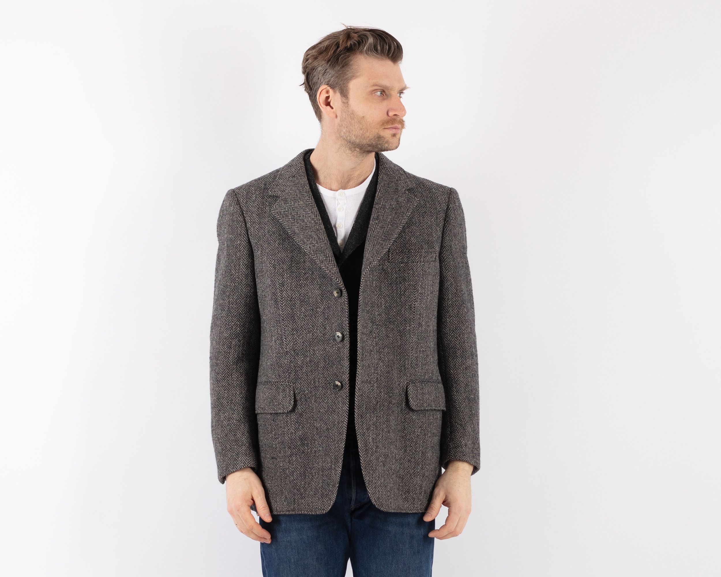 70's Men Harris Tweed Herringbone Jacket in Gray Size M/L