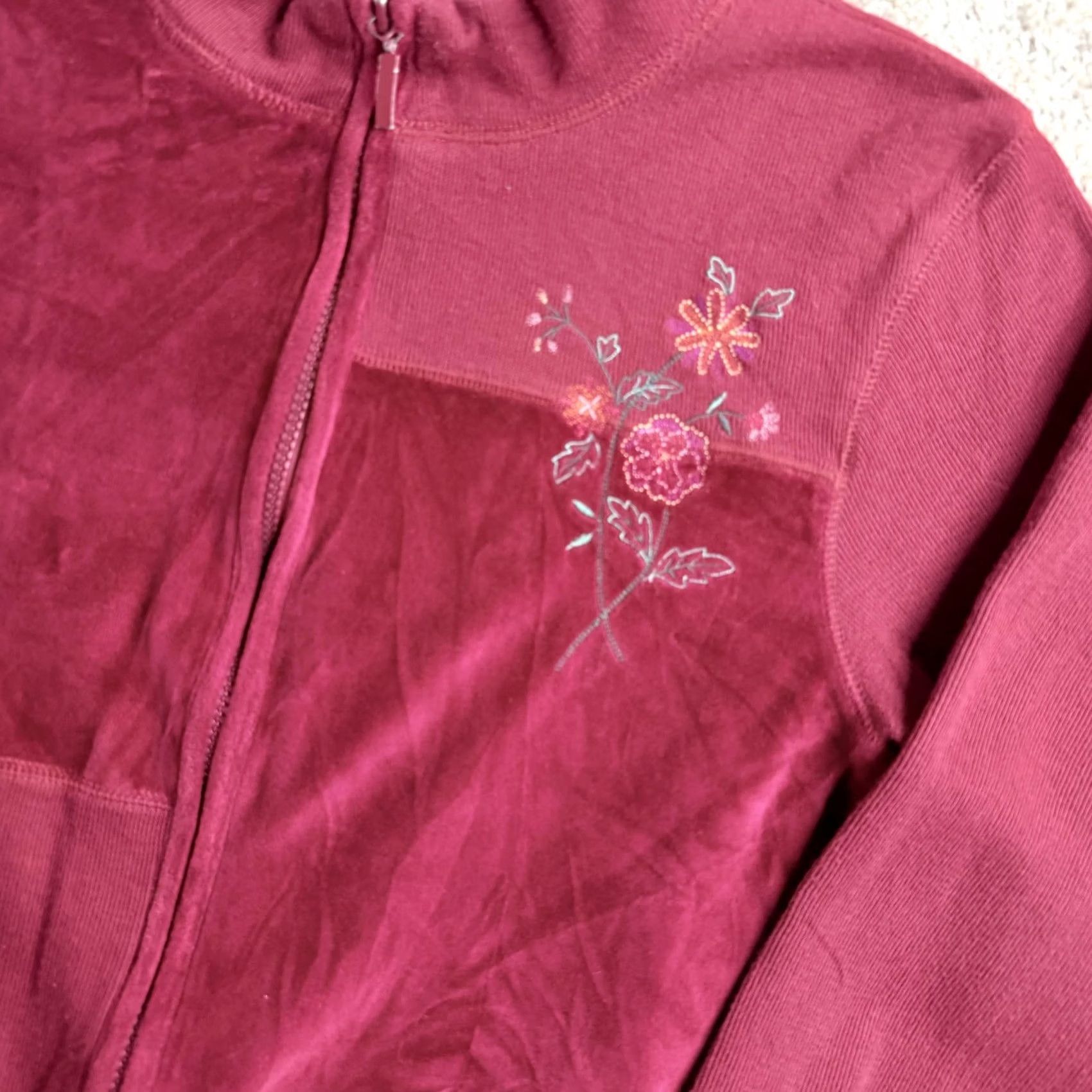Velour VINTAGE Erika Sweater Women PM Red Mock Neck Floral Velour Full Zip Knit Size M / US 6-8 / IT 42-44 - 2 Thumbnail