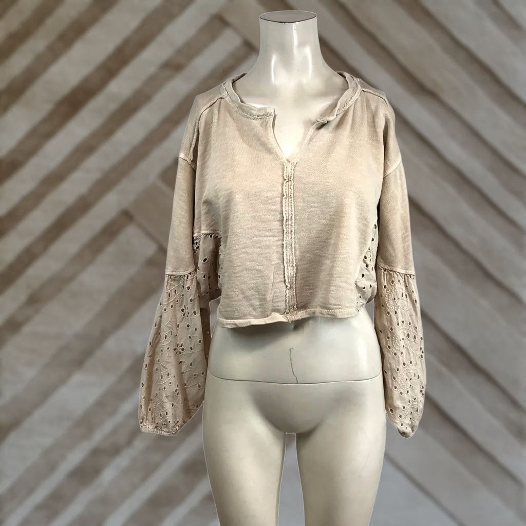 Vintage Pilcro Women Beige Cotton Eyelet Lace Balloon Sleeve Cropped Top S Size S / US 4 / IT 40 - 1 Thumbnail