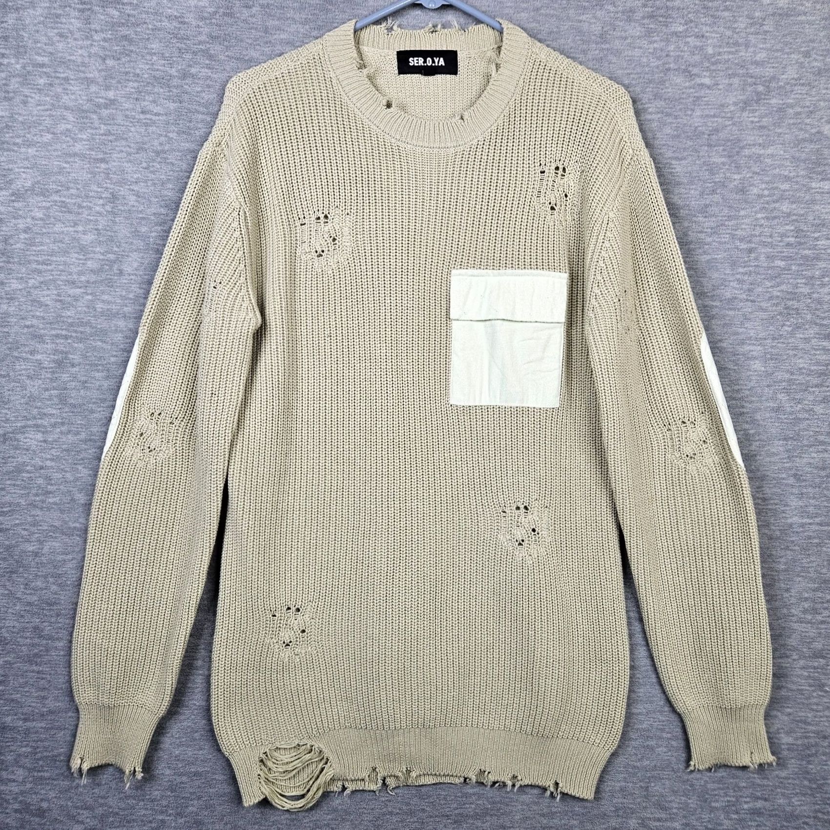 SER.O.YA SER.O.YA Women's Devin Distressed Raw-edge Crew neck Elbow Patch Sweater XS Sage green Cardigan Regular Knit 100% Cotton Modern Women Size XS / US 0-2 / IT 36-38 - 2 Thumbnail