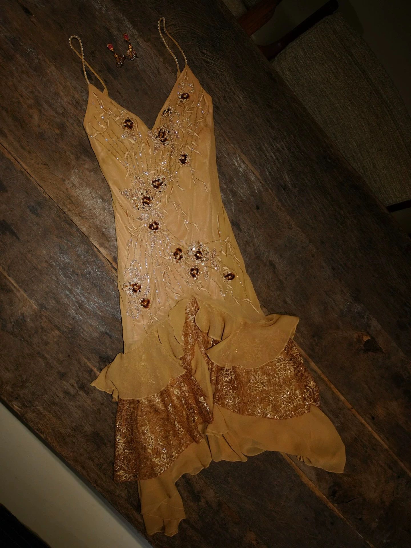 Vintage Vintage Silk Lace Beaded Open Back Fishtail Apricot Dress Size M / US 6-8 / IT 42-44 - 3 Thumbnail