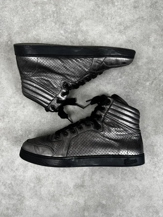Gucci Gucci Silver Perforated Leather High-Top Sneakers Size US 8.5 / IT 38.5 - 4 Thumbnail