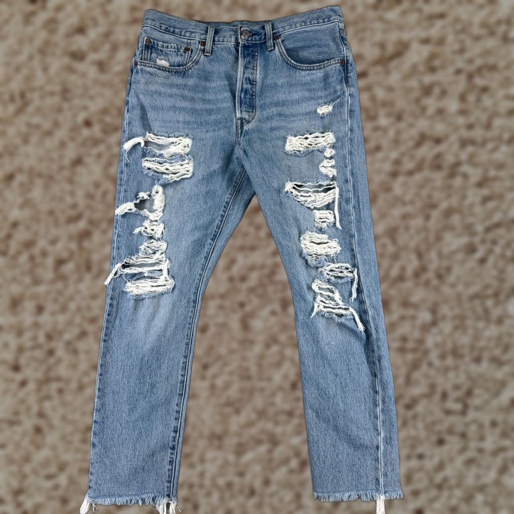 Levi's Levis 501 Jeans Skinny Blue Denim 31x27 Adult Regular Women Button Fly Distressed Stretch Vintage: No Size 24" / US 00 / IT 34 - 1 Thumbnail