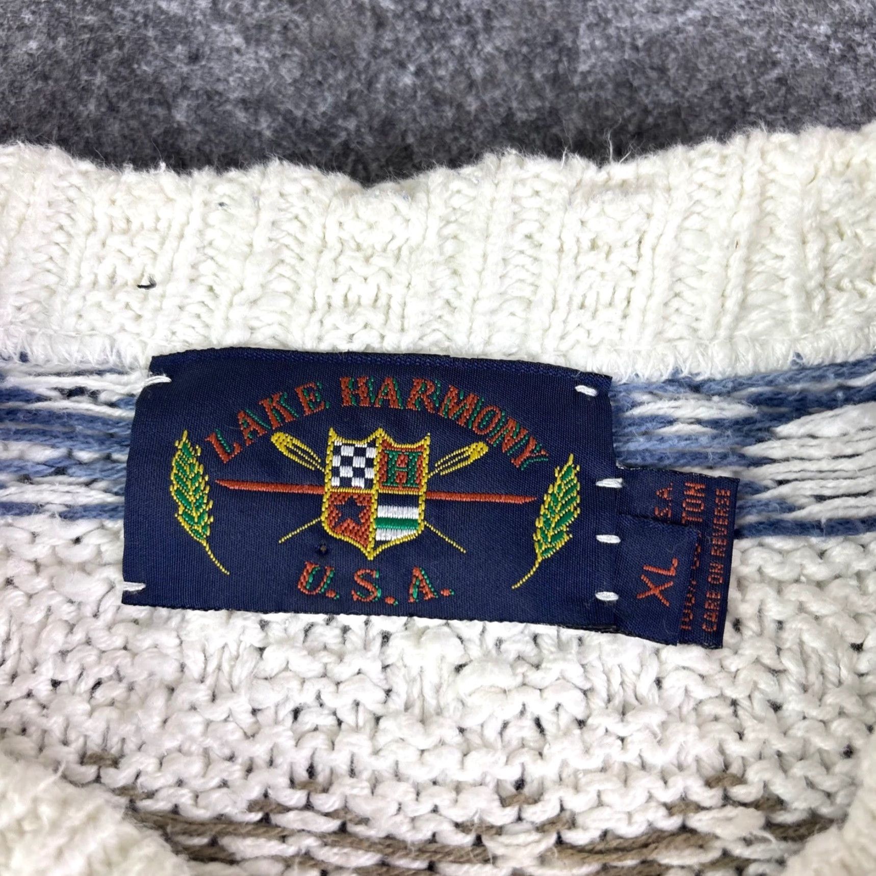 Harmony VINTAGE Lake Harmony USA Mens XL Fair Isle Crewneck Wool Sweater Geometric Pattern Cream White 90s Ski Outdoors Knitted Knit Pullover Casual Size US XL / EU 56 / 4 - 5 Thumbnail