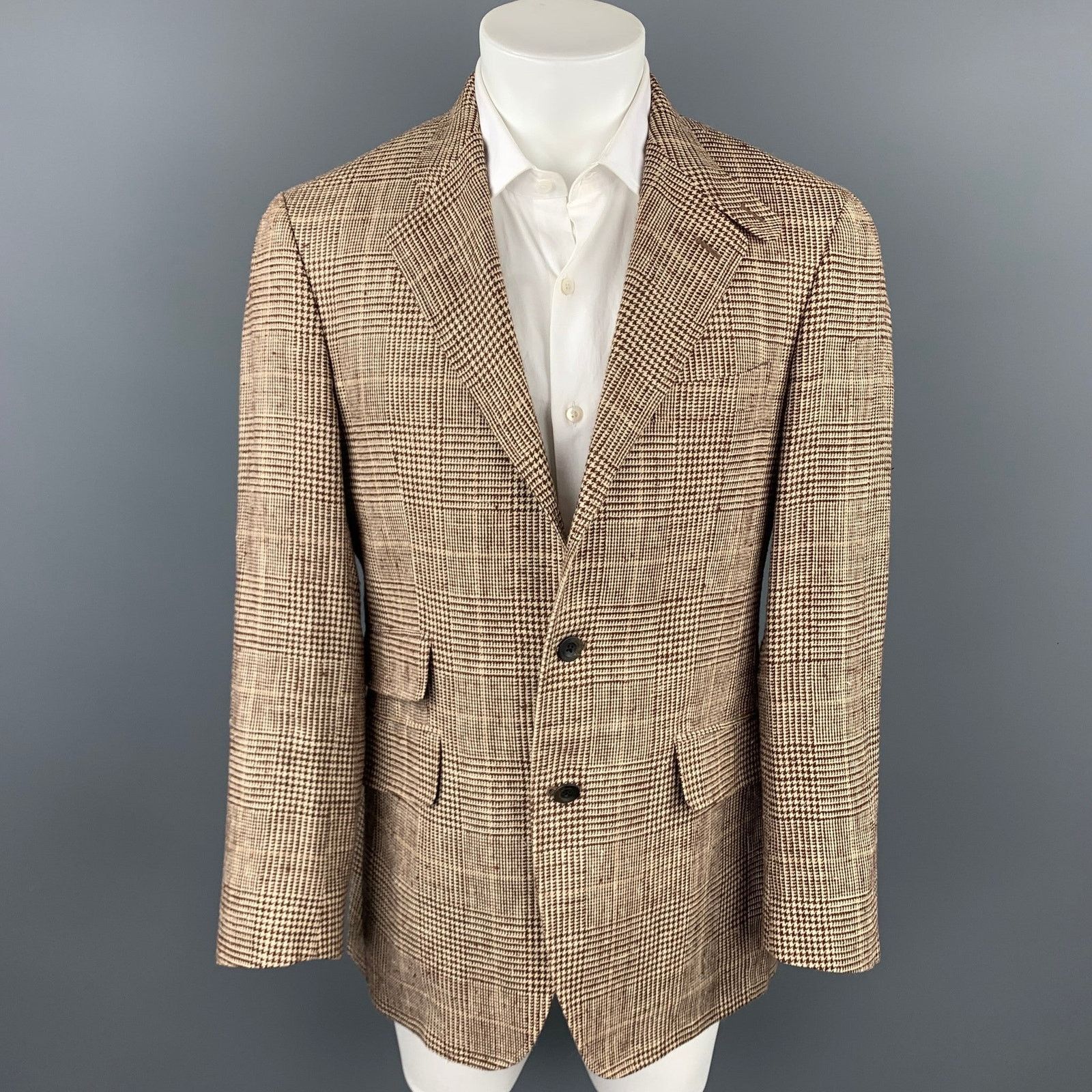Etro Brown & Beige Plaid Silk / Linen Notch Lapel Sport Coat Size 40R - 1 Thumbnail
