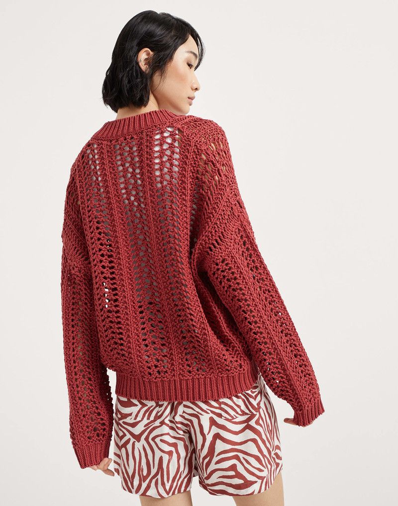 Brunello Cucinelli o1la1rc1a0326 Cotton Ribbed Net Cardigan in Red Size S / US 4 / IT 40 - 2 Thumbnail