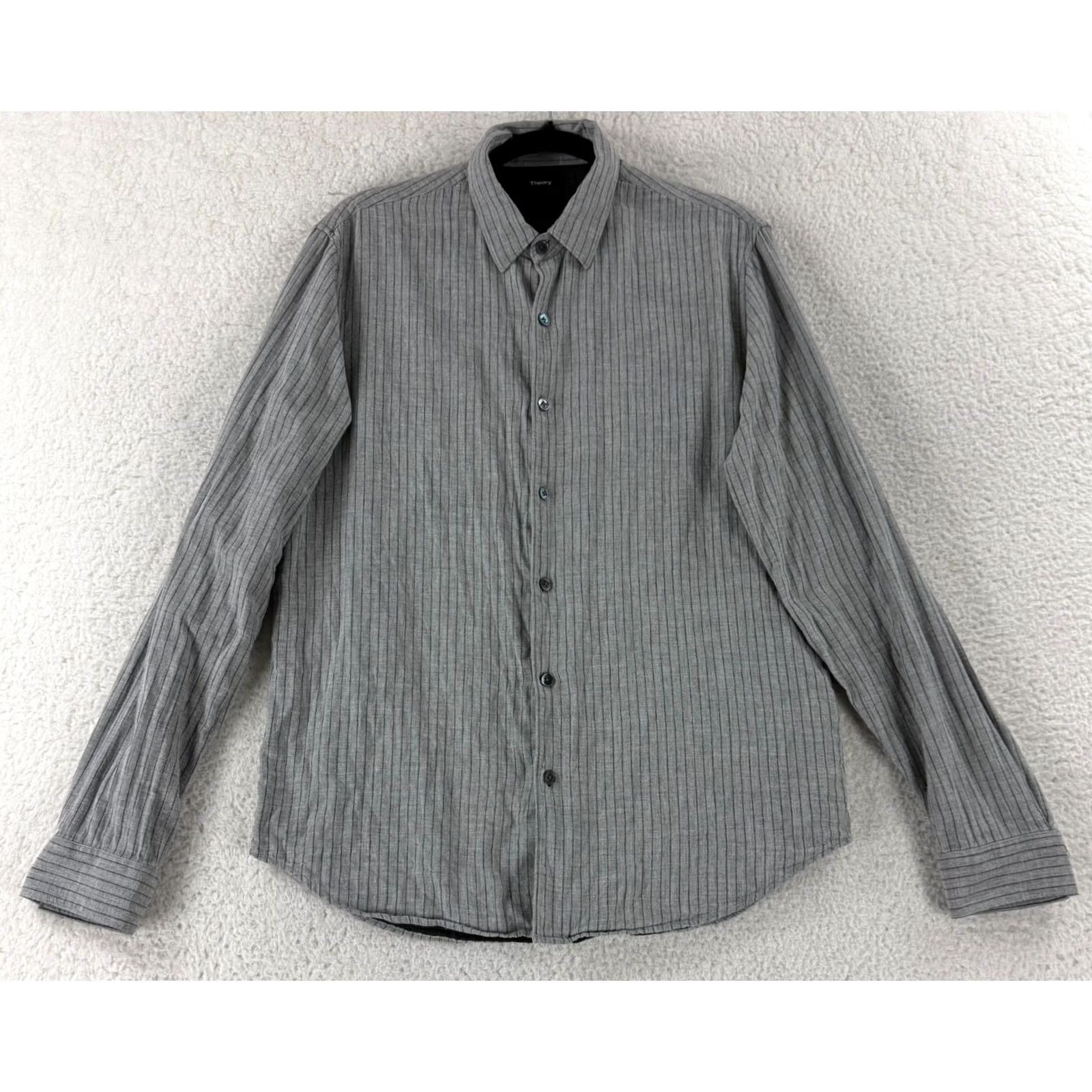 Theory Theory Button-Up Shirt Mens M Gray Striped 100% Cotton Casual Long Sleeve Size US M / EU 48-50 / 2 - 2 Thumbnail