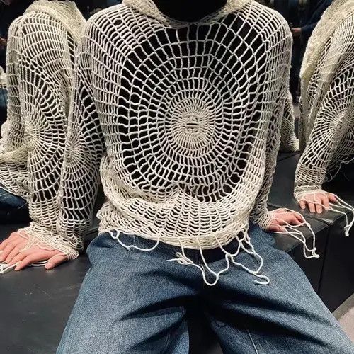 VIBE Y2K Spider Web with Holes Hooded Pullover Knitted Sweater Size US L / EU 52-54 / 3 - 2 Thumbnail