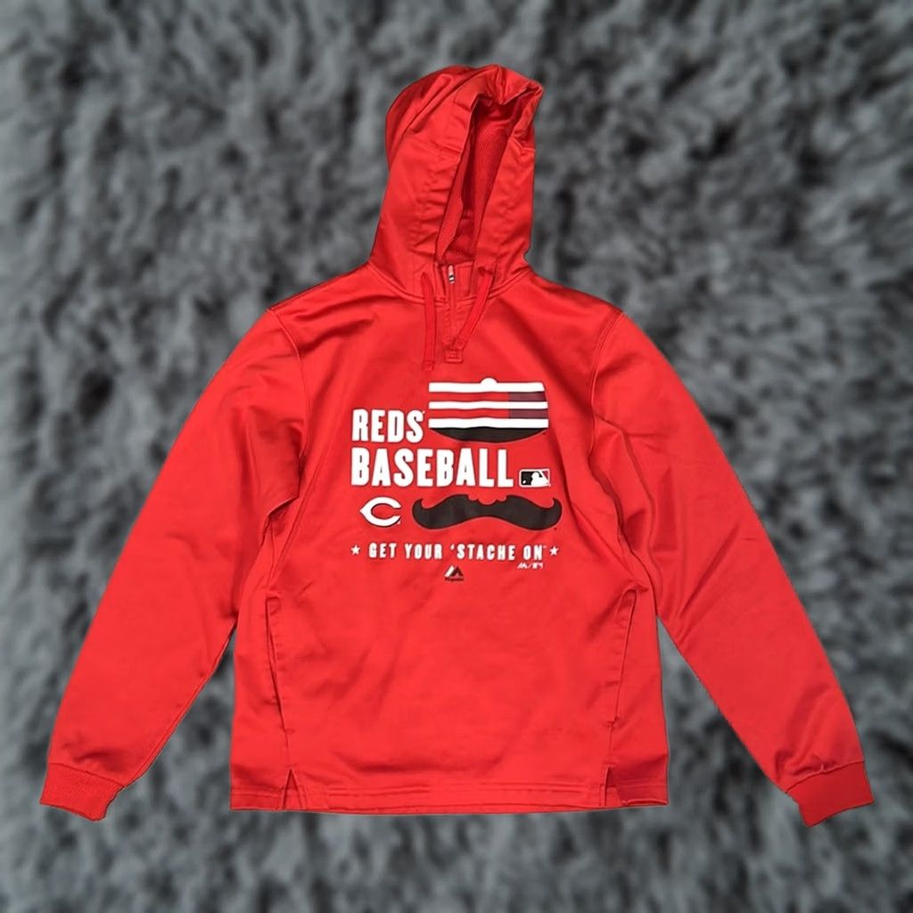 Vintage Majestic Cincinnati Reds Get Your ‘Stache On Hoodie Pullover Mens M Red Size US M / EU 48-50 / 2 - 1 Thumbnail