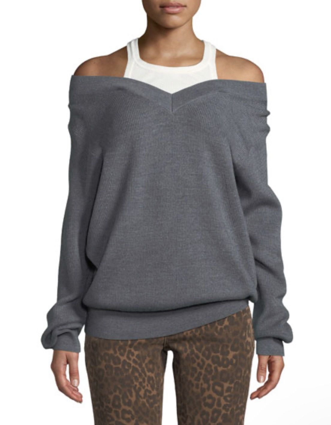Rubbed Off-Shoulder Wool Sweater With Tank