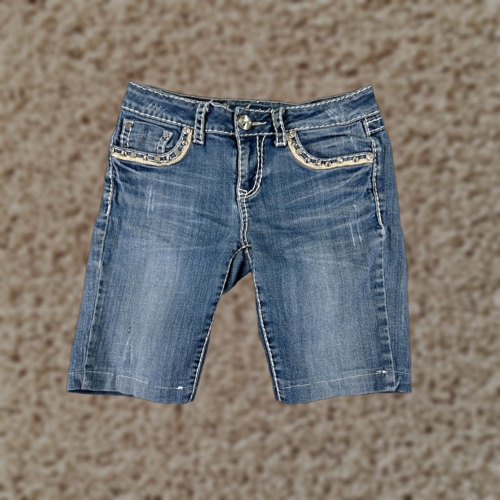 Denime LA Idol Womens Bermuda Shorts 29 Blue Denim Embroidered Bling Cotton Embellished 26x9 Casual Party/Cocktail Jeans/Shorts Womens Size 29" - 1 Thumbnail