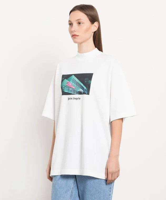 image of Palm Angels White Miami Print Oversized T-Shirt, Women's (Size XS)