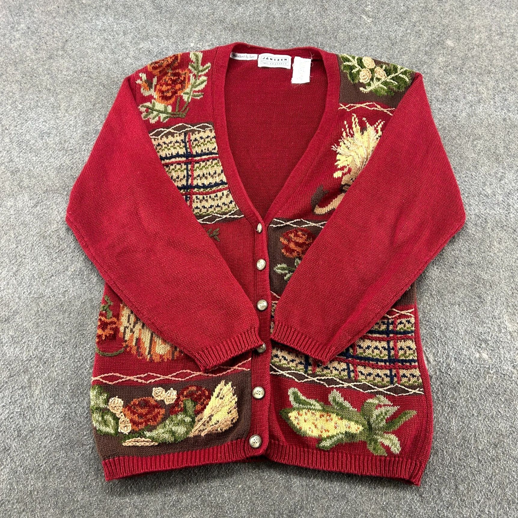 Jantzen VINTAGE Jantzen Sweater Cardigan Womens L Red Embroidered Cable-Knit Crew Neck Long Sleeve Autumn 90s Womens Size L / US 10 / IT 46 - 2 Thumbnail