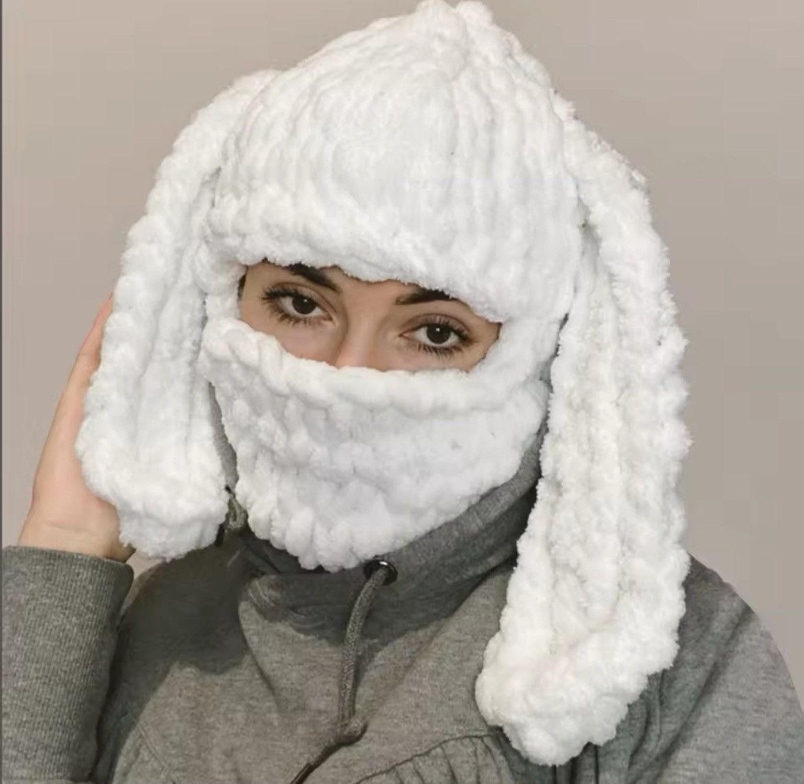 Japanese Brand White Plush Hat Bunny Ears Balaclava Size ONE SIZE - 1 Thumbnail