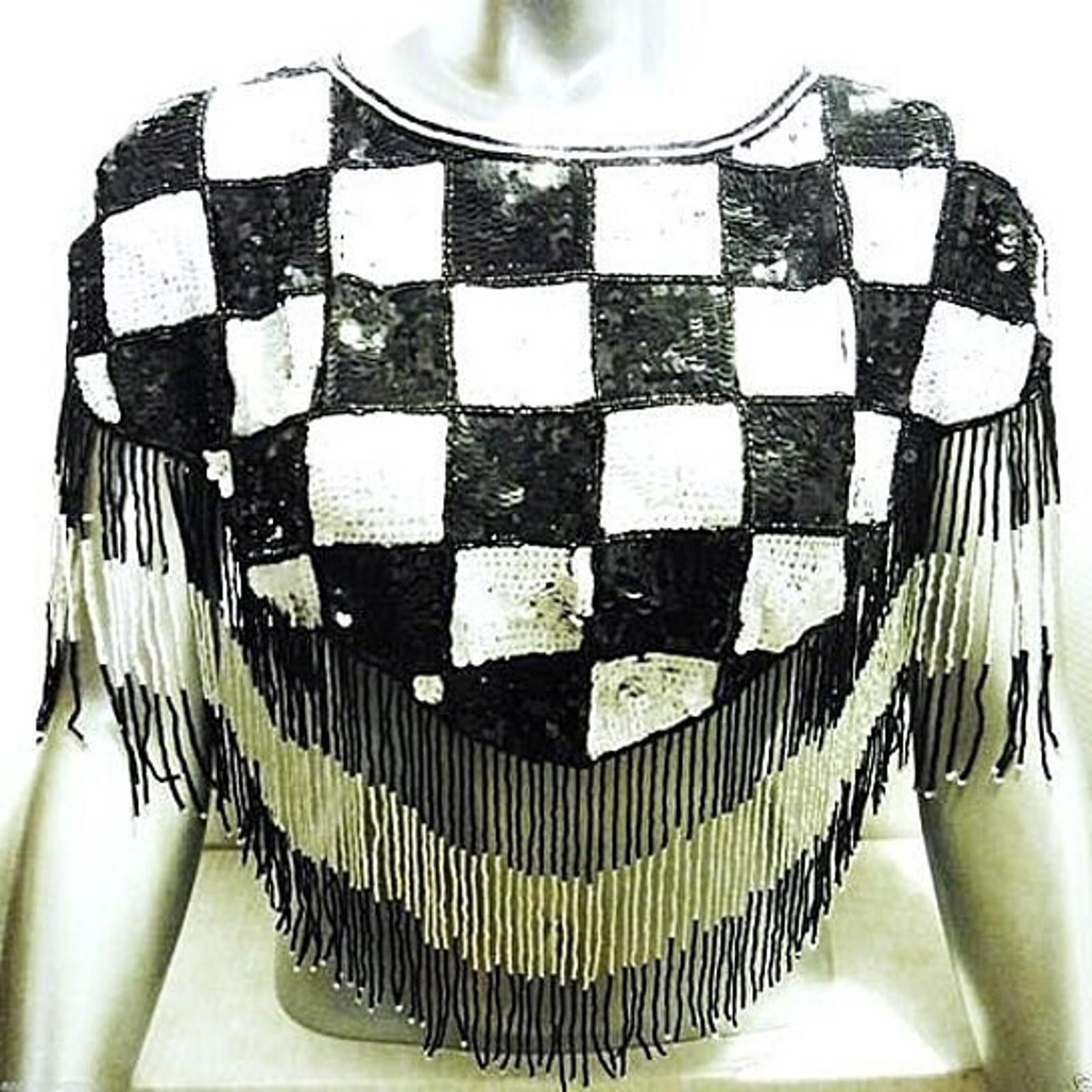 Designer Sequin Scarf Shawl with Fringes Black & White Checkered Size ONE SIZE - 1 Thumbnail