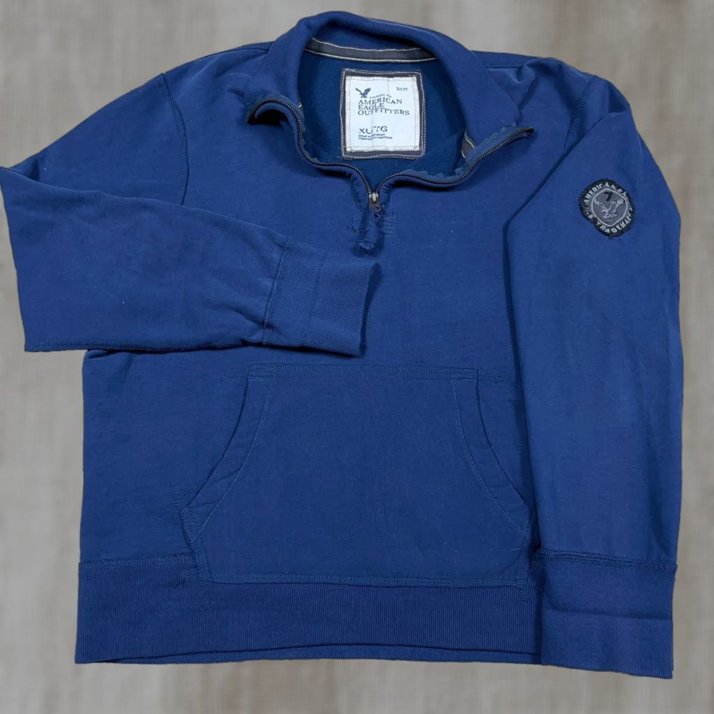 American Eagle Outfitters VINTAGE American Eagle Outfitters Sweatshirt Men XL Blue Pullover 1/4 Zip Hooded Mock Neck Fleece Logo Embroidered Pocket Sweatshirt Size US XL / EU 56 / 4 - 1 Thumbnail