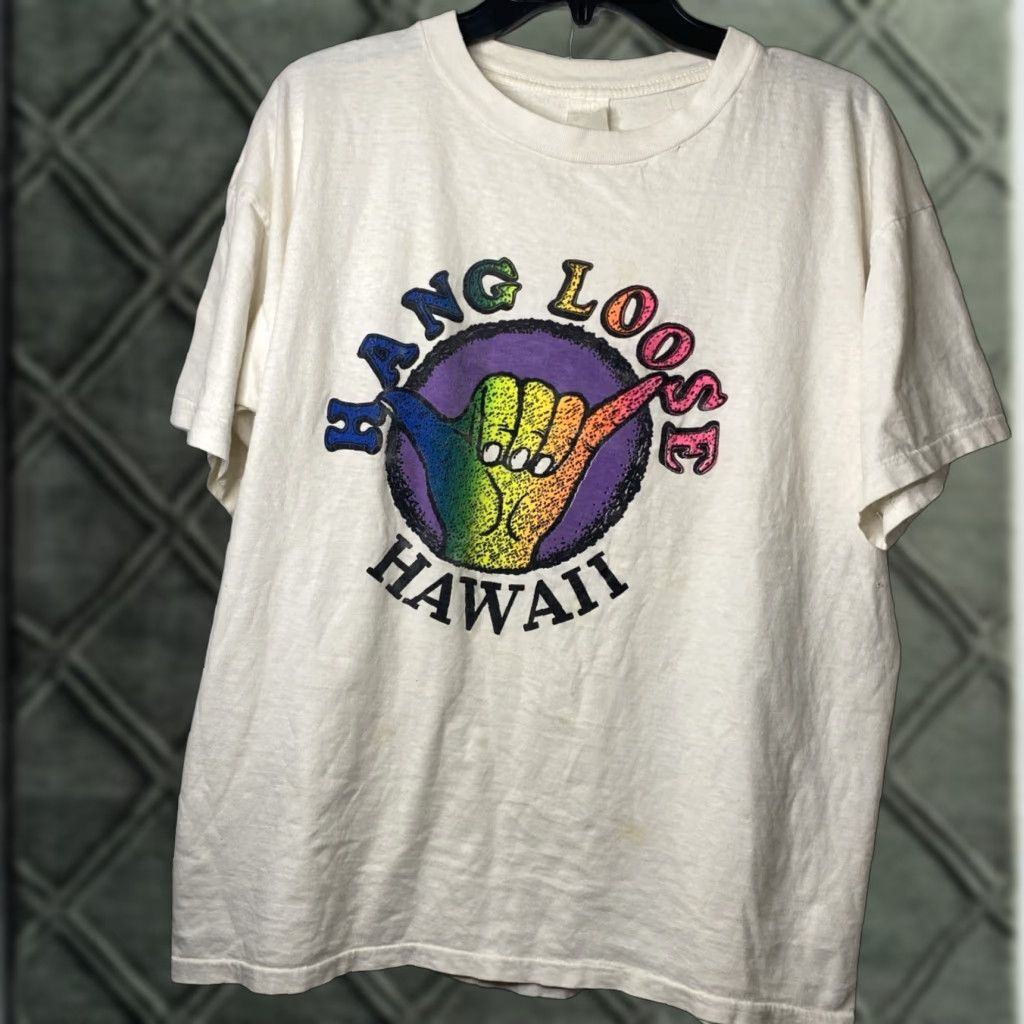 Vintage VINTAGE 80’s Hawaii Single Stitch T Shirt Hang Loose Grunge Distressed Flaw 23x26 White Unbranded Unisex Adults L Short Sleeve Mens Womens Boys Girls Size US L / EU 52-54 / 3 - 1 Thumbnail