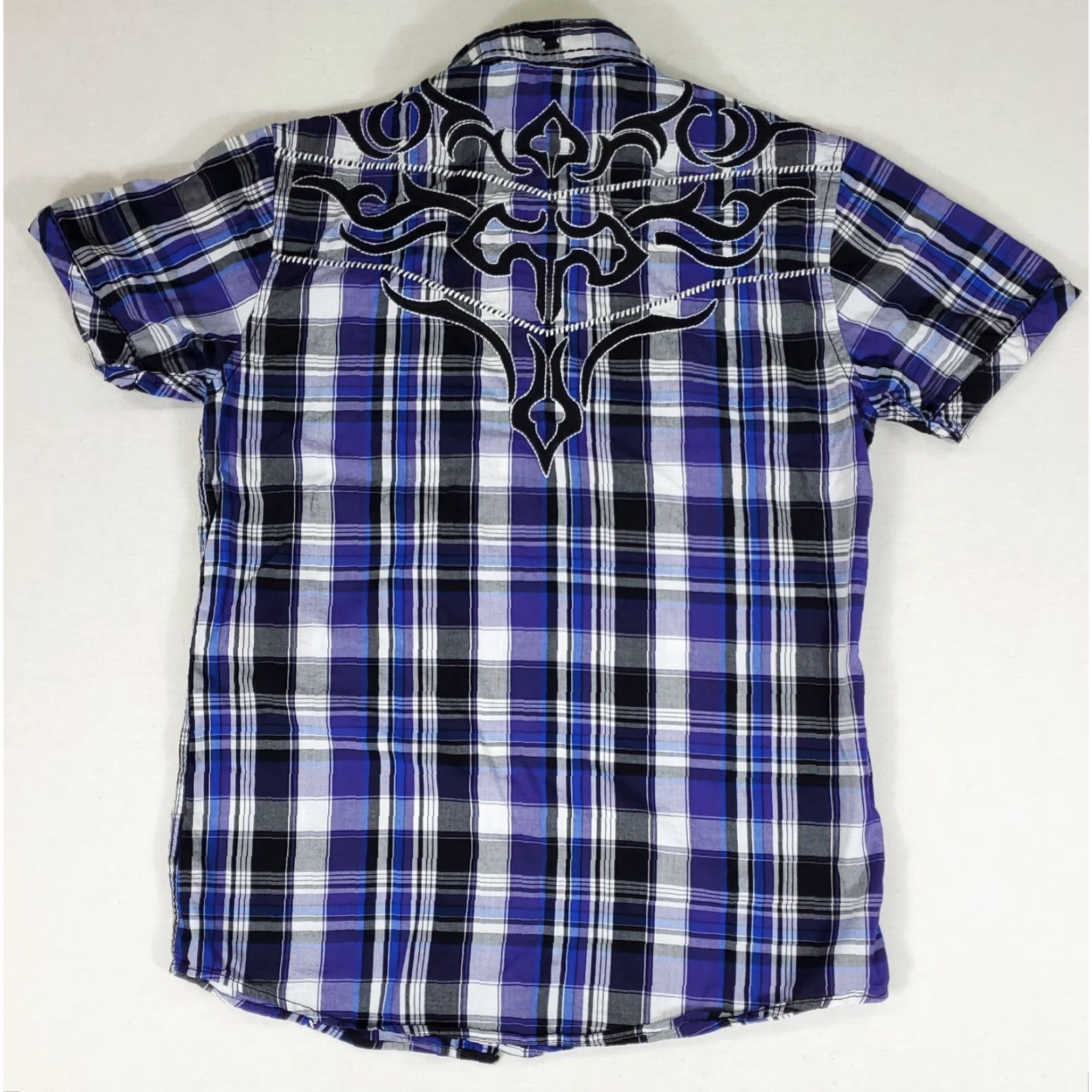 Roar Roar Signature Embroidered Button-Up Shirt Plaid Blue White Purple Mens L Colorful Short Sleeve Size US L / EU 52-54 / 3 - 3 Thumbnail