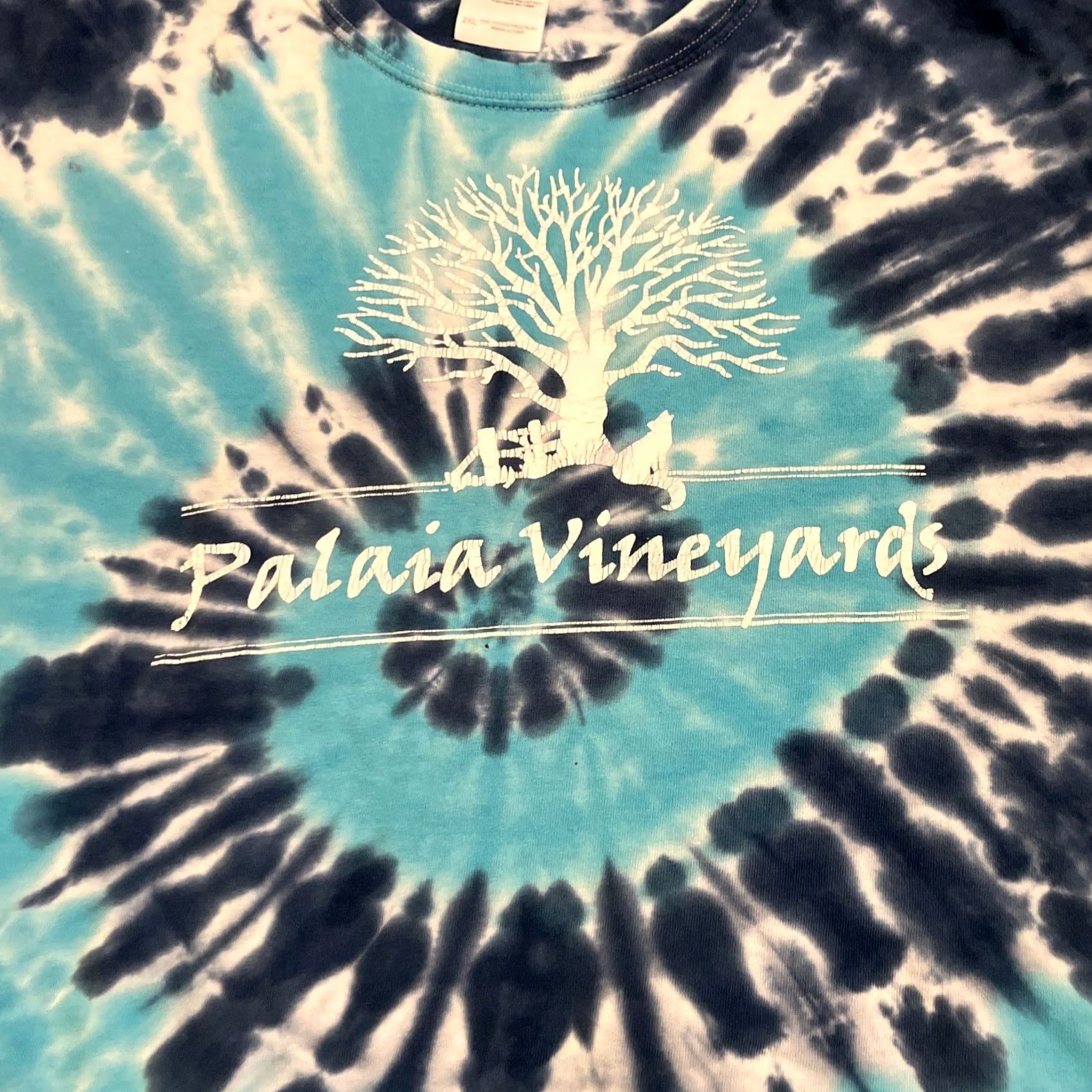 Gildan Gildan T-Shirt Mens Blue Spiral Tie Dye Palaia Vineyards Woodstock NY 2XL Shirts XXL - Rip in armpit AS-IS Size US XXL / EU 58 / 5 - 2 Thumbnail